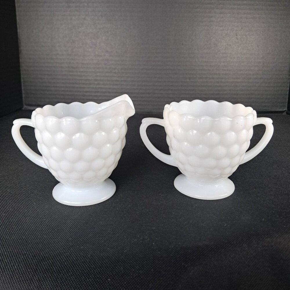 Vintage Anchor Hocking Milk Glass Creamer And Open Sugar Bowl Set Bubble Pattern